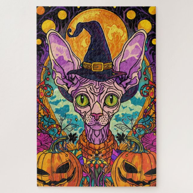 Spooky Sphynx Cat Halloween und Pumpkin Puzzle (Vertikal)