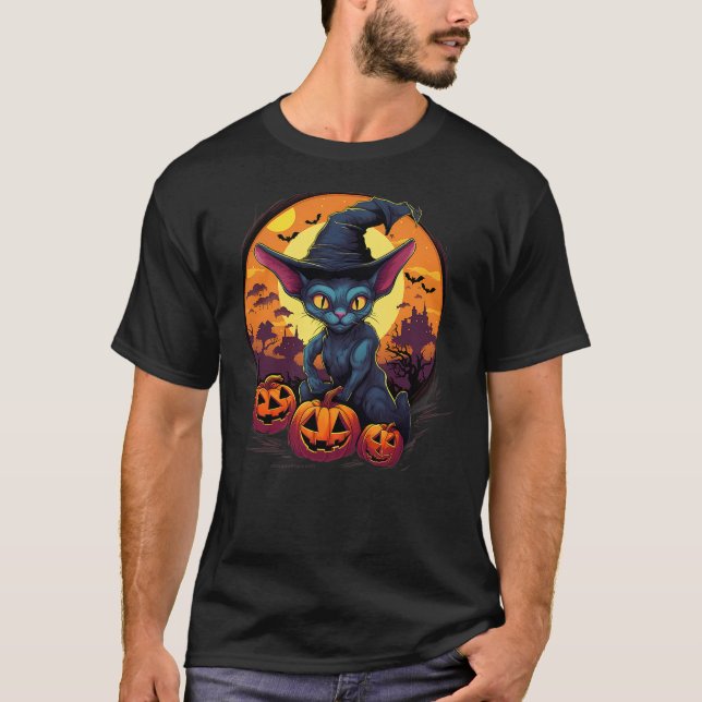 Spooky Sphynx Cat Witch Halloween T-Shirt (Vorderseite)