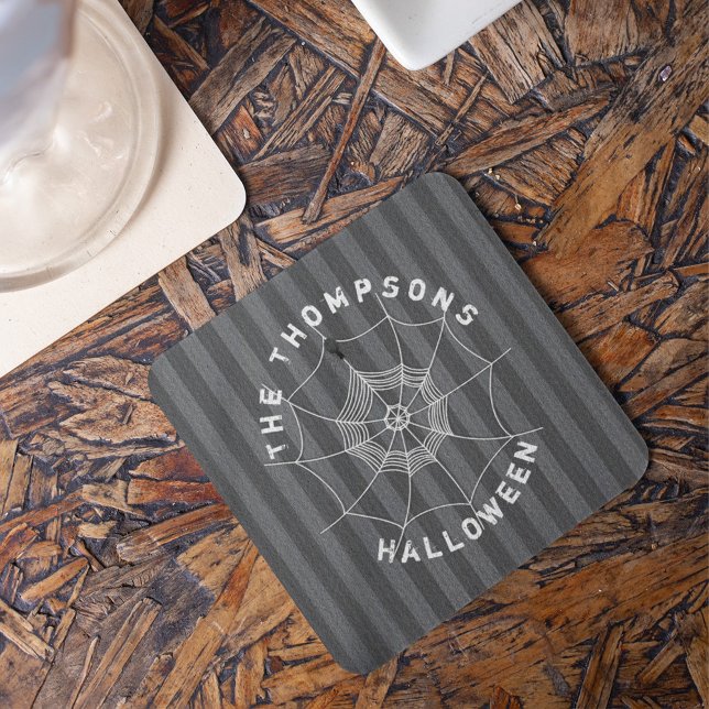 Spooky Spider in Spider Web Beverage Coaster Getränkeuntersetzer (Spooky gothic spider web coaster featuring creepy Halloween spider design for spooky party.)
