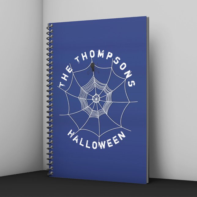Spooky Spider in Spider Web Notebook Notizblock (Blue Halloween notebook with spider web and spider design personalized with name.)