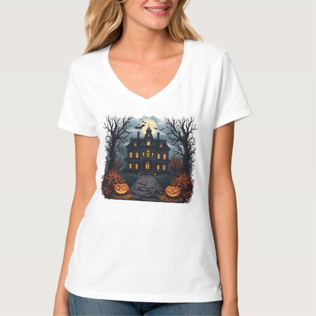 Spooky Spuk House and Pumpkin Patch Halloween T-Shirt (Vorderseite)