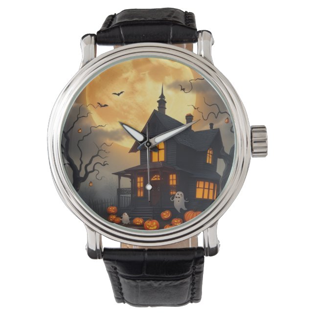 Spooky Spuk House Halloween Night Design Armbanduhr (Vorderseite)