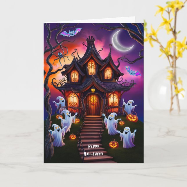 Spooky Spuk House Halloween Night Szene Karte (Gelbe Blume)
