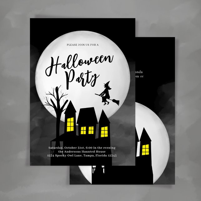 Spooky Spuk House Halloween-Party Custom Einladung (Halloween party Invitation with spooky haunted house and flying witch.)