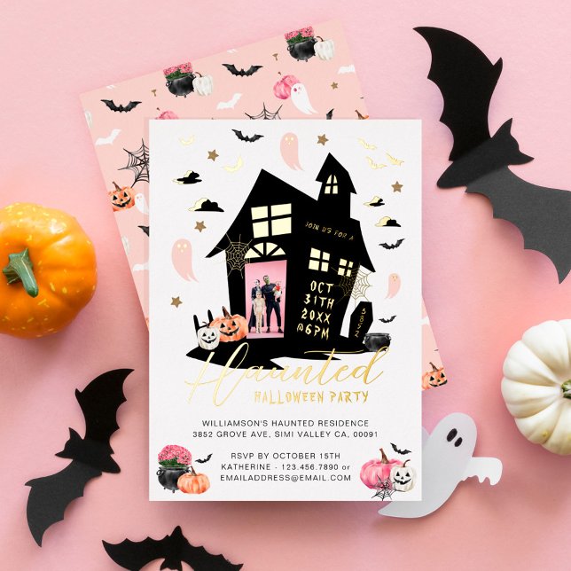 Spooky Spuk House Halloween-Party Custom Foto Folieneinladung (Spooky Haunted House Halloween Party Custom Photo Foil Invitation)