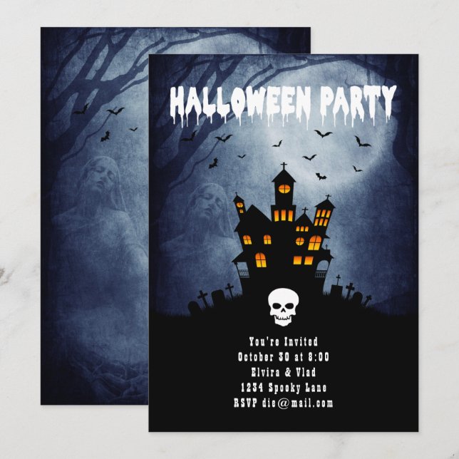 Spooky Spuk House mit Blue Ghost Einladung (Vorne/Hinten)