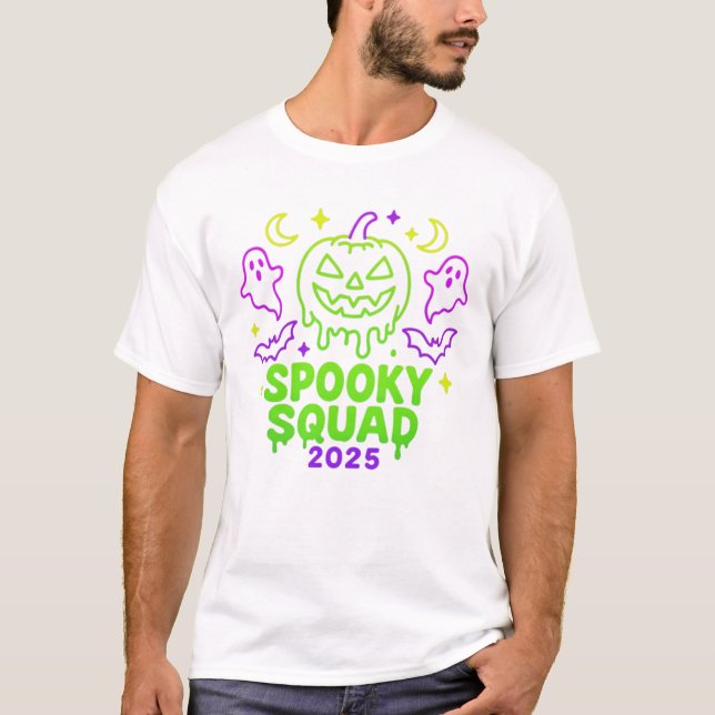 Spooky Squad 2025 Halloween Neon Ghost Pumpkin T-Shirt (Vorderseite)