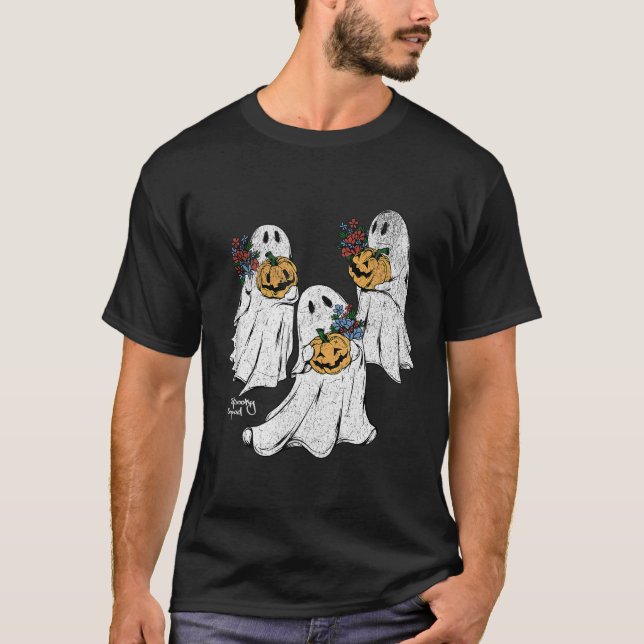 Spooky Squad Ghost Pumpkin Blume Retro Niedlich Ha T-Shirt (Vorderseite)