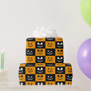 Spooky Stitch Face   Schwarz/Orange Halloween Geschenkpapier