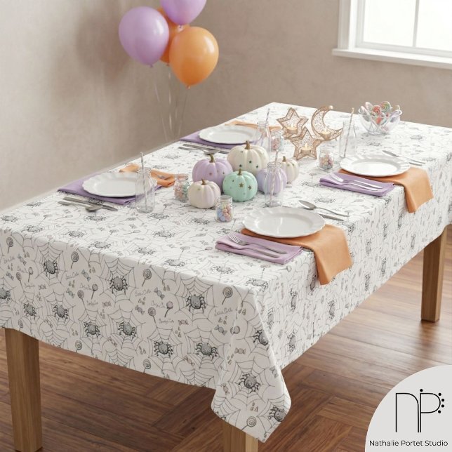 Spooky Süssen Baby Spider, Web & Candy Tischdecke (Hand drawn cute spider Halloween tablecloth for baby showers and spooky autumn parties)