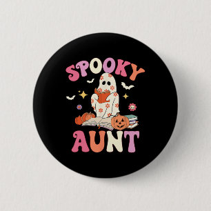 Spooky Tante Retro Groovy Floral Ghost Halloween C Button