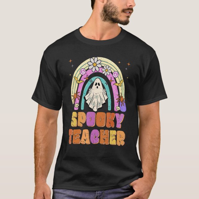 Spooky Teacher Retro Spooky Floral Ghost Hippie Ha T-Shirt (Vorderseite)