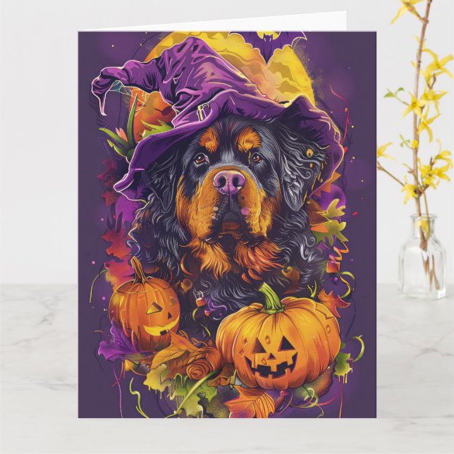 Spooky Tibetan Mastiff Dog Halloween Hexenkürbis Karte (Gelbe Blume)