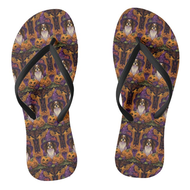 Spooky Tibetan Spaniel Hund Halloween Hexenkürbis Flip Flops (Fußbett)
