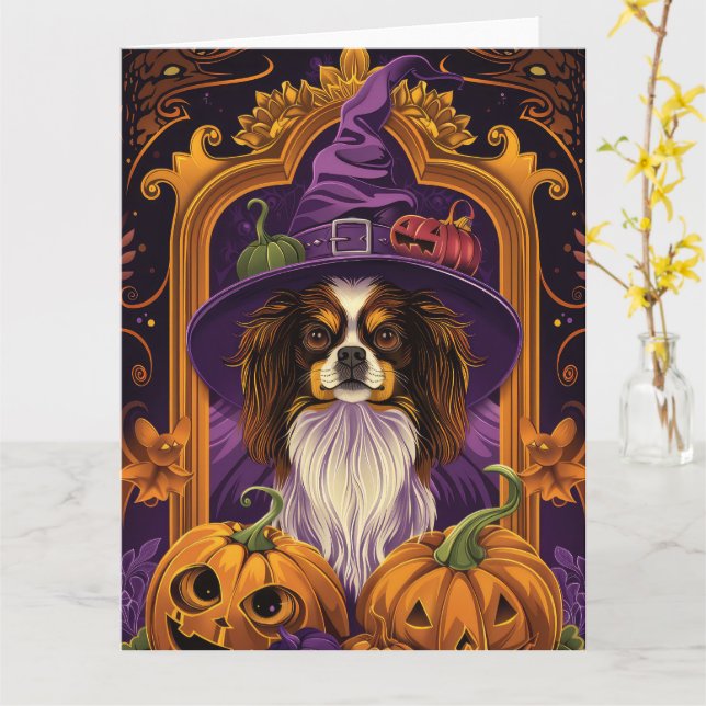 Spooky Tibetan Spaniel Hund Halloween Hexenkürbis Karte (Gelbe Blume)
