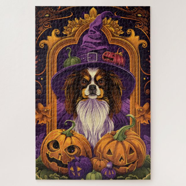 Spooky Tibetan Spaniel Hund Halloween Hexenkürbis Puzzle (Vertikal)