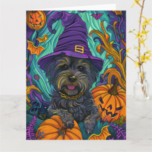 Spooky Tibetan Terrier Dog Halloween Hexenkürbis Karte