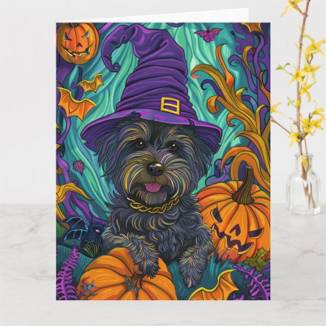 Spooky Tibetan Terrier Dog Halloween Hexenkürbis Karte (Gelbe Blume)