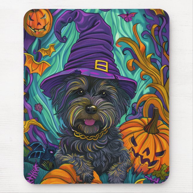 Spooky Tibetan Terrier Dog Halloween Hexenkürbis Mousepad (Vorne)