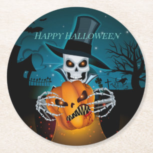 Spooky Top Hat Skeleton Runder Pappuntersetzer