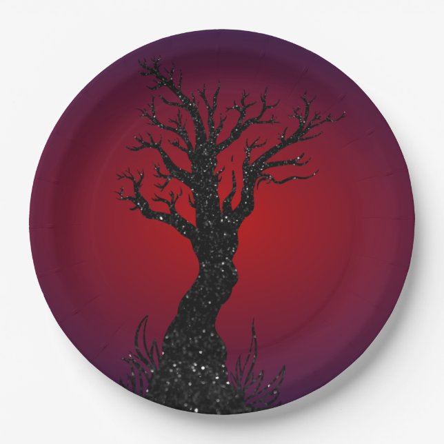 Spooky Tree Glitzer Halloween Pappteller (Vorderseite)
