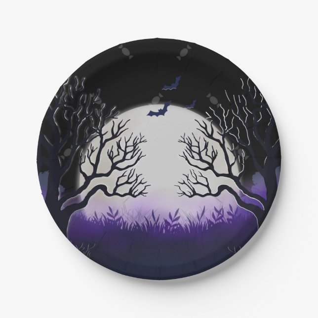 Spooky Tree Lila & Black Full Moon Bat Halloween Pappteller (Vorderseite)