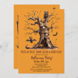 Spooky Tree Owl Bats Pumpkins Halloween-Party Einladung