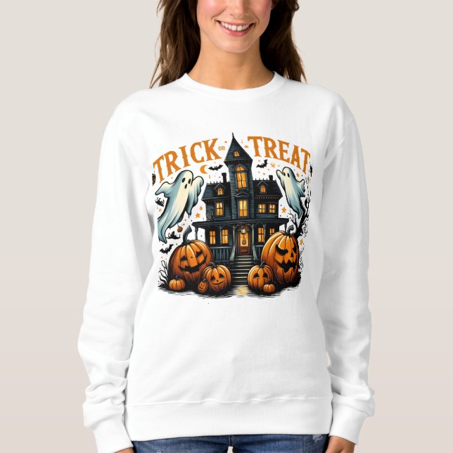 Spooky Trick oder Leckerei in einem alten Haus Sweatshirt (Vorderseite)