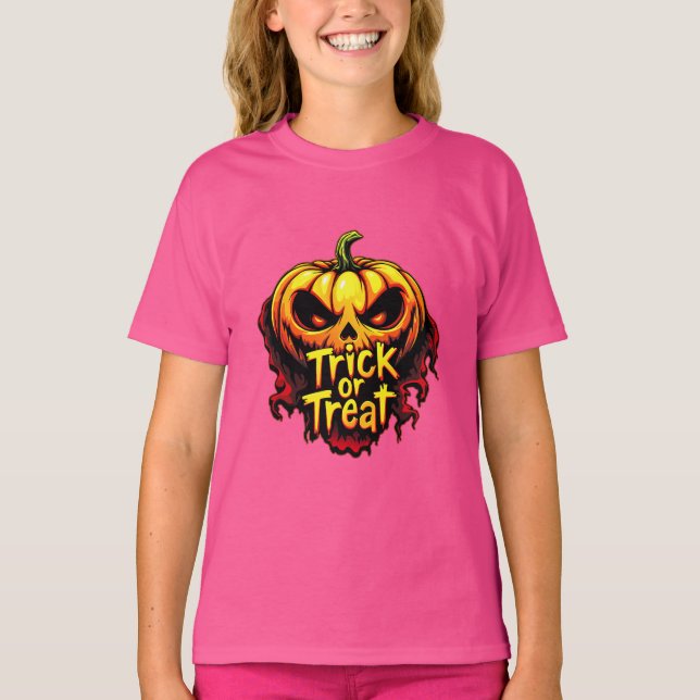 Spooky "Trick or Treat" Pumpkin Halloween Art T-Shirt (Vorderseite)