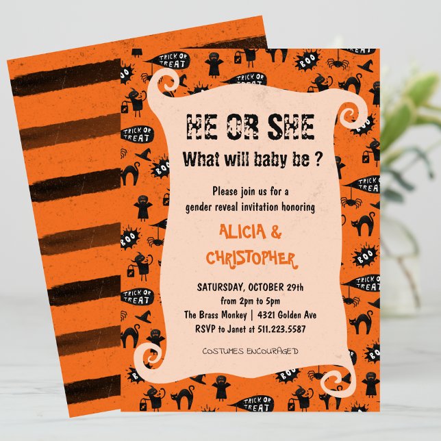 Spooky Trick und Leckerei Halloween Gender-Enthüll Einladung (Halloween-gender-reveal-Invitation-Spooky-trick-and-treat-1)