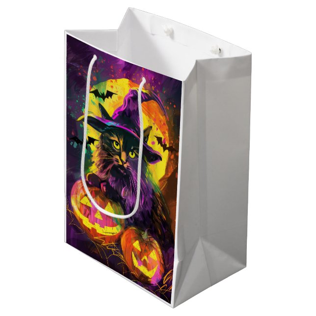Spooky Turkish Angora Cat Halloween Hexenkürbis Mittlere Geschenktüte (Vorderseite Schrägansicht)