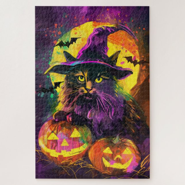 Spooky Turkish Angora Cat Halloween Hexenkürbis Puzzle (Vertikal)