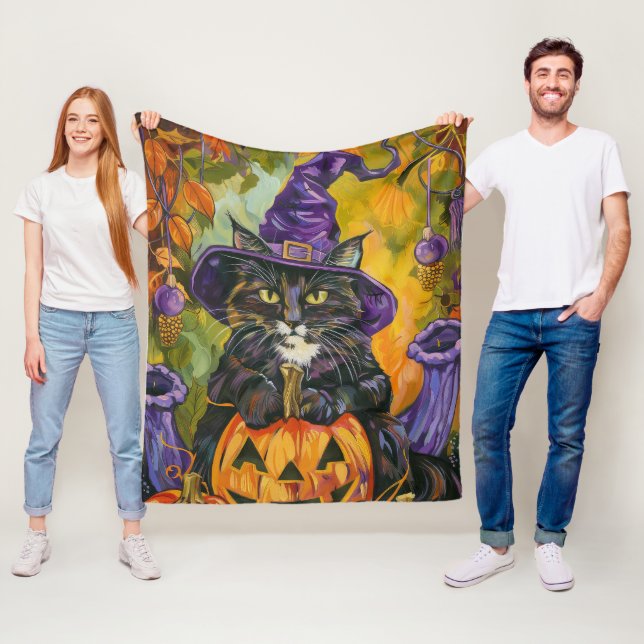Spooky Tuxedo Katze Halloween Hexe und Pumpkin Fleecedecke (Beispiel)