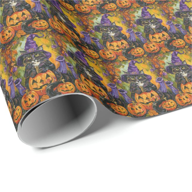 Spooky Tuxedo Katze Halloween Hexe und Pumpkin Geschenkpapier (Rolleneckpunkt)