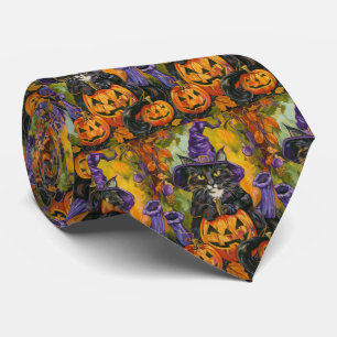 Spooky Tuxedo Katze Halloween Hexe und Pumpkin Krawatte