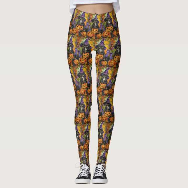 Spooky Tuxedo Katze Halloween Hexe und Pumpkin Leggings (Vorderseite)