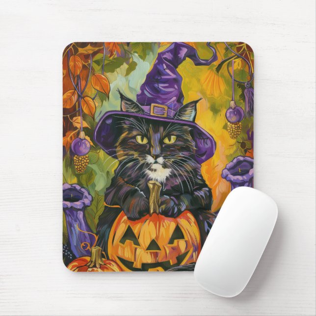 Spooky Tuxedo Katze Halloween Hexe und Pumpkin Mousepad (Mit Mouse)