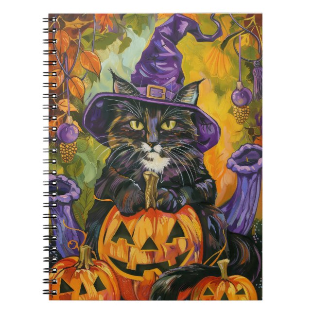 Spooky Tuxedo Katze Halloween Hexe und Pumpkin Notizblock (Vorderseite)