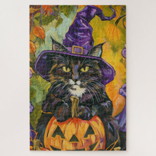 Spooky Tuxedo Katze Halloween Hexe und Pumpkin Puzzle