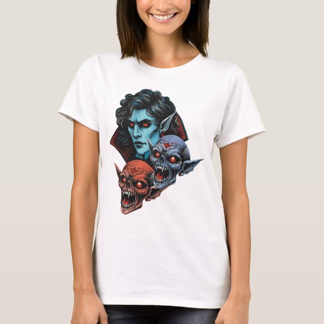 Spooky Vampire and Monster Skulls Halloween Design T-Shirt (Vorderseite)