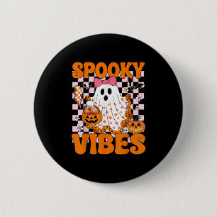 Spooky Vibes Ghost Retro Groovy Halloween Women Gi Button