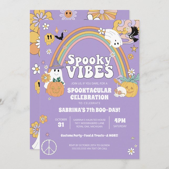 Spooky Vibes Groovy Ghost Hippe Halloween Geburtst Einladung (Vorne/Hinten)