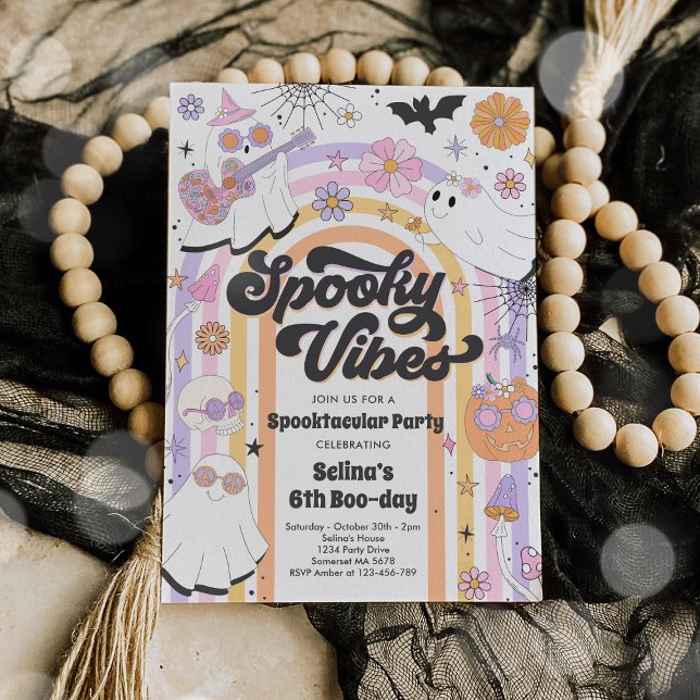 Spooky Vibes Halloween Niedlich Groovy Ghost Gebur Einladung (Von Creator hochgeladen)