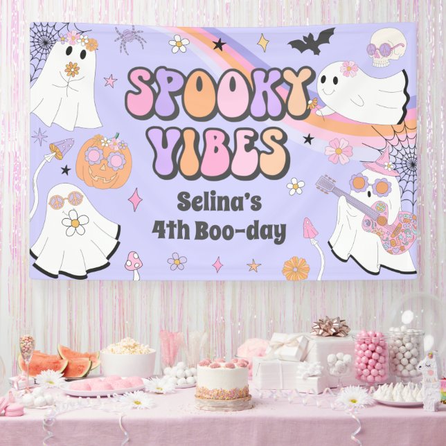Spooky Vibes Niedlich Halloween Groovy Ghost Gebur Banner (Party)