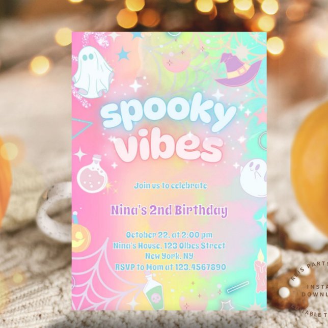 Spooky Vibes Niedlich Pink Neon Pastel Halloween B Einladung (Pink neon birthday party, glow birthday party, glow halloween party, glow in the dark party, pastel )