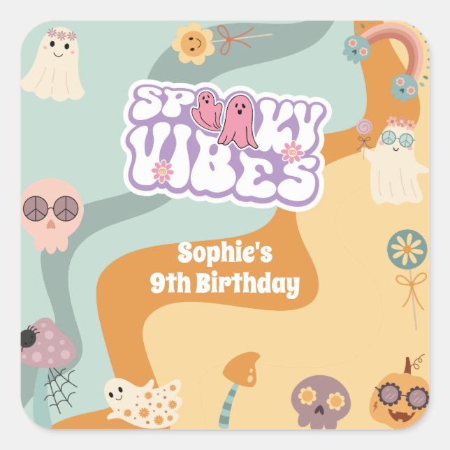 Spooky vibes Rettro Vintage Halloween Kindergeburt Quadratischer Aufkleber (Vorderseite)