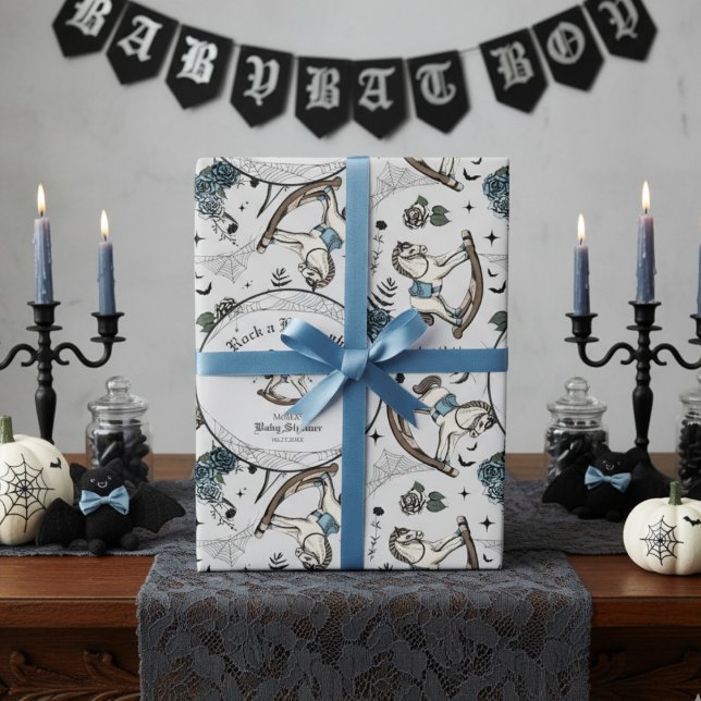 Spooky Vintag Rock a Bye Baby Dusche Geschenkpapier (Cute Gothic Boy Baby Shower Wrapping Paper for Halloween. Blue Vintage Rocking Horse & Rose Pattern)