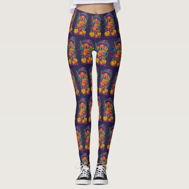 Spooky Vizsla Hund Halloween Hexe und Pumpkin Leggings (Vorderseite)