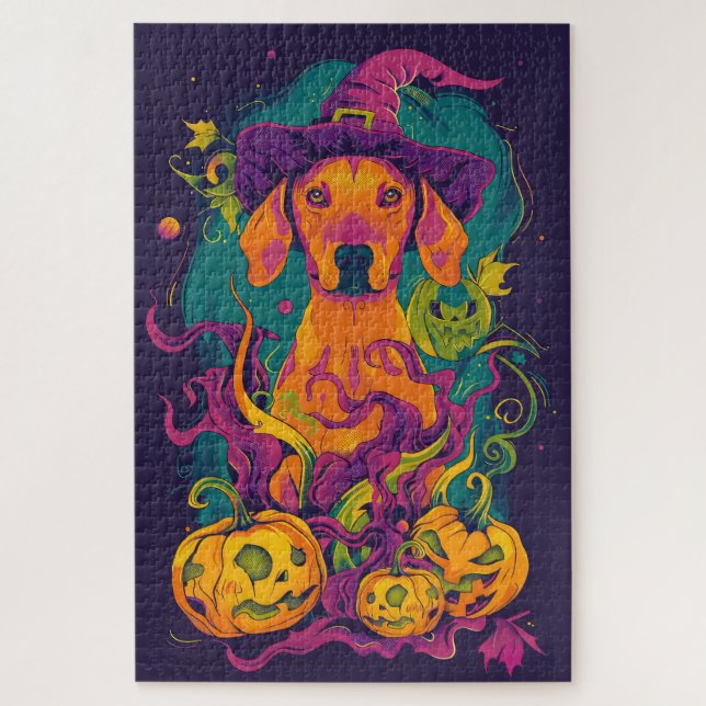 Spooky Vizsla Hund Halloween Hexe und Pumpkin Puzzle (Vertikal)