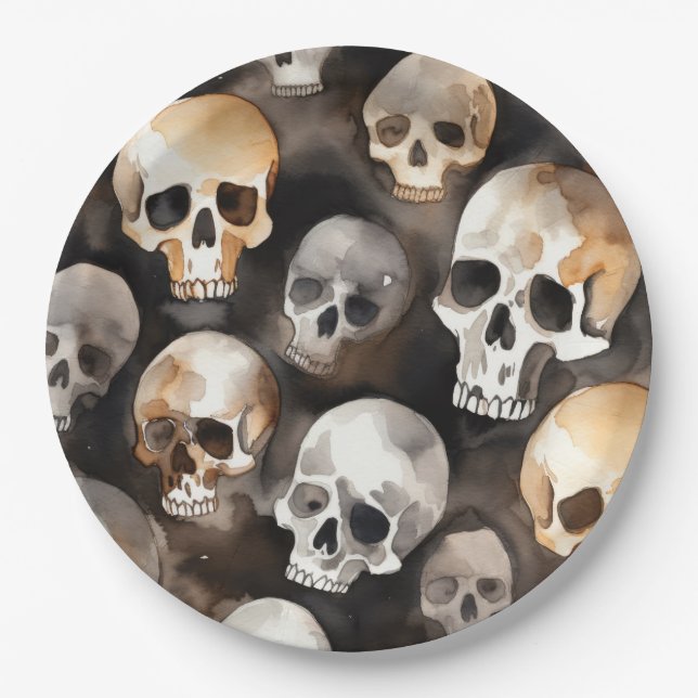 Spooky Watercolor Skulls Halloween Papierplatte Pappteller (Vorderseite)